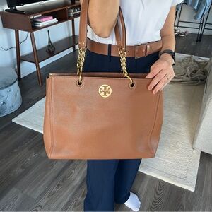 Tory Burch Tan Leather Tote with Gold Accents